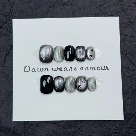 10Pcs Short Handmade Cat Eye Press on Nails Rose Ballet Wearable Rhinestones False Nails Glitter Decoration Manicure Nail Tips.