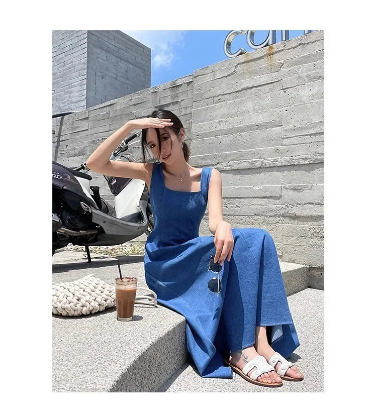 Blue Mist Love Französisches Jeanskleid für Damen, Sommer, einzigartiges Design, Taille, Cinching-Riemen, langes Kleid, elegante blaue Polyesterfaser