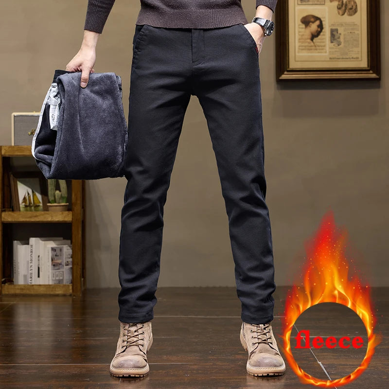 Warm Fleece Pants Winter Man Cowboy Man Thermal Fleece Lined Korean Fashion Slim Thicken Plush Wool Boot Cut Jeans Men