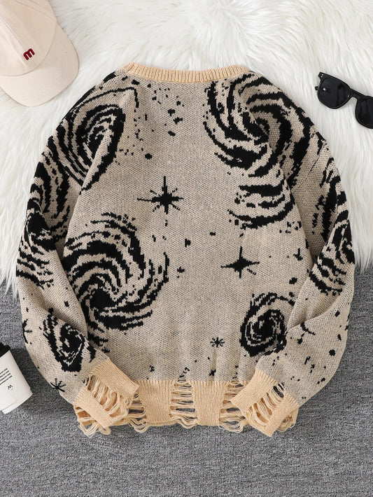 New Popular Street Ripped Abstract Starry Sky Pattern Pullover Ripped Sweater Casual Round Neck Knitted Men's Pullover.