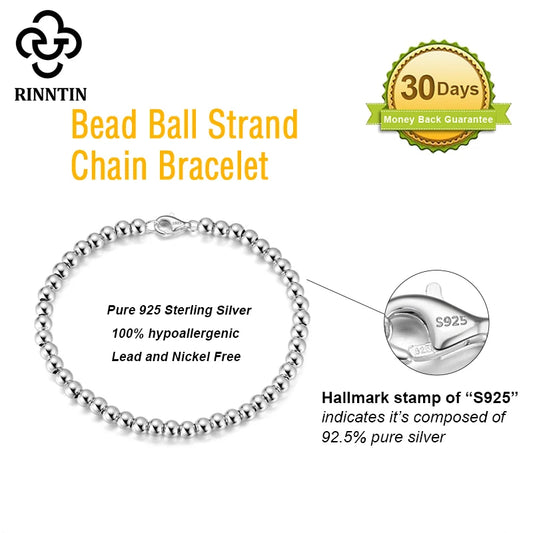 Rinntin 14K Gold 925 Sterling Silver 4mm Bead Ball Strand Chain Bracelet for Women Trendy Handmade Bracelets Jewelry SB103.