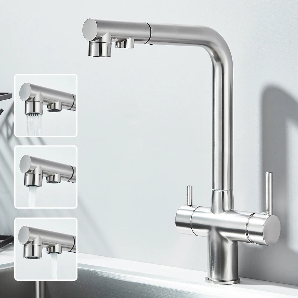 Filtered Kitchen Sink Faucet Pull Out Spray 360 Rotation Water Filter Tap Dual Sprayer Drinking Water Tap Vessel Sink Mixer