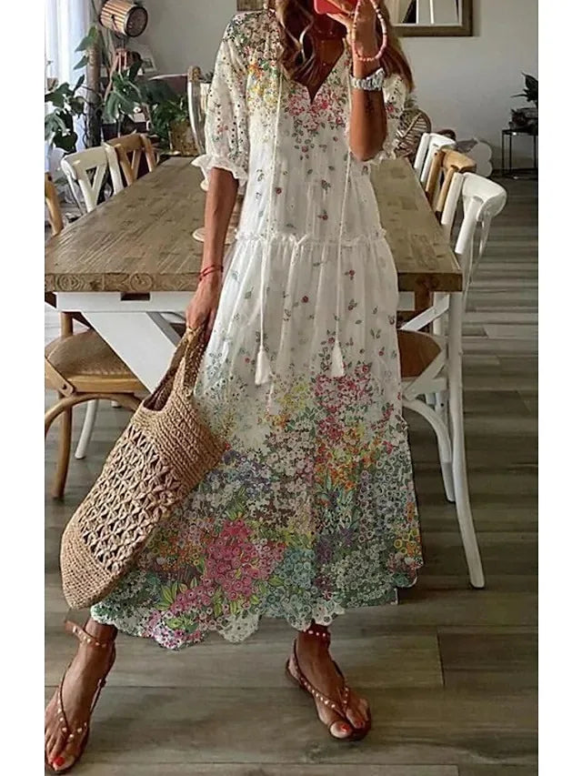 Neue frauen Frühling Sommer Kleid Sexy V-ausschnitt Kordelzug Gedruckt Lange-ärmeln Kleid Beiläufige Lose Mode Elegante Frische Süße kleid