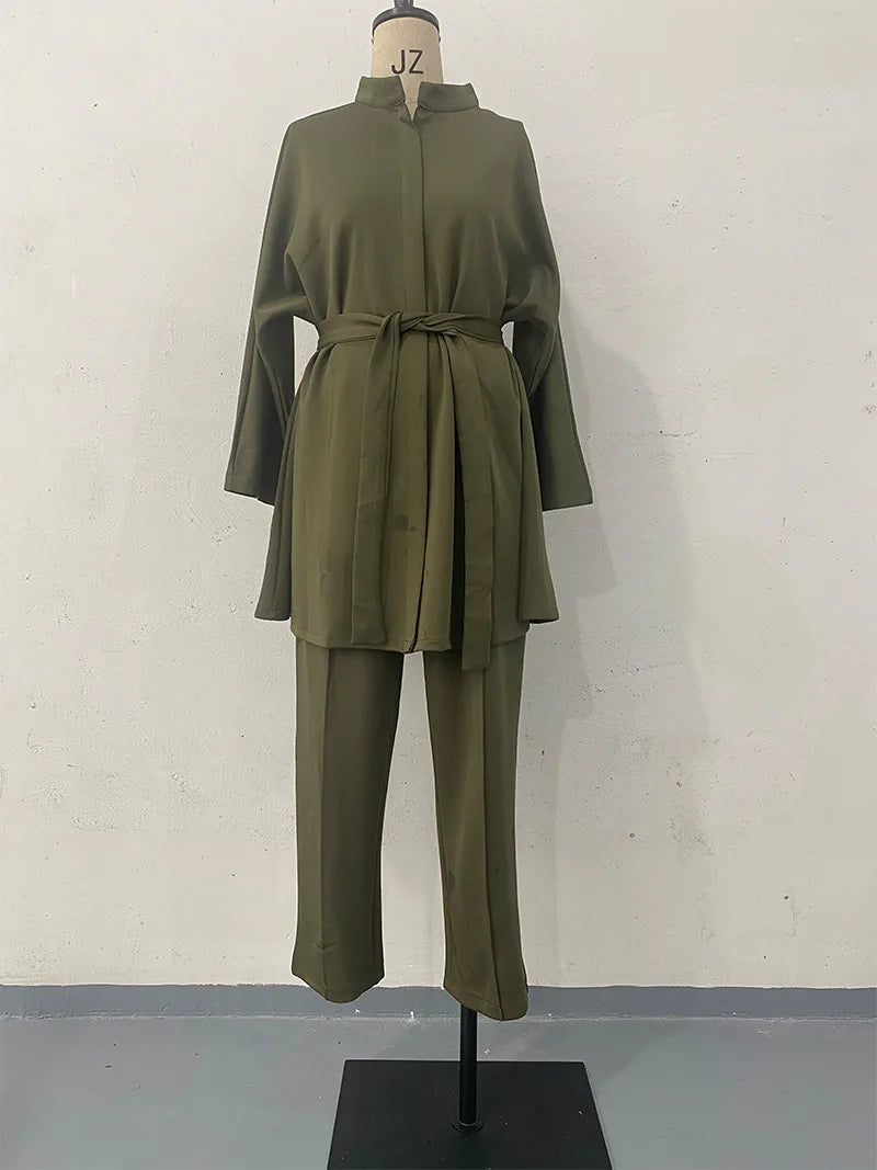 Ramadan Eid Muslim Two Piece Set Lace-up Long Shirt with Pants Women Suits Shirt Blouse Musulman Ensembles Islamic Dress Sets.