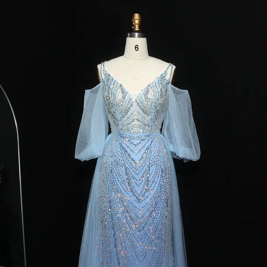 Jancember LSZ053 Elegant V-neck Sequins Mermaid Evening Dresses with Flowing Sleeve.