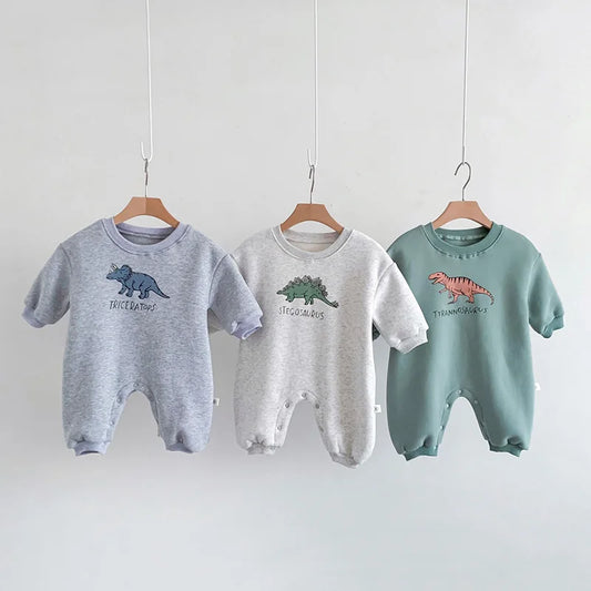 Neuankömmling Cartoon Dino Print Baby Neugeborenen Stram pler Säuglings mädchen Overalls Langarm Jungen Kleidung ein Stück.