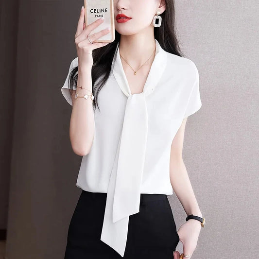 Bow Tie Blouse Shirt for Women OL Elegant Blouses Satin Womens Tops Silk Female Clothing 2023 Korean Fashion Short Sleeve Blouse.