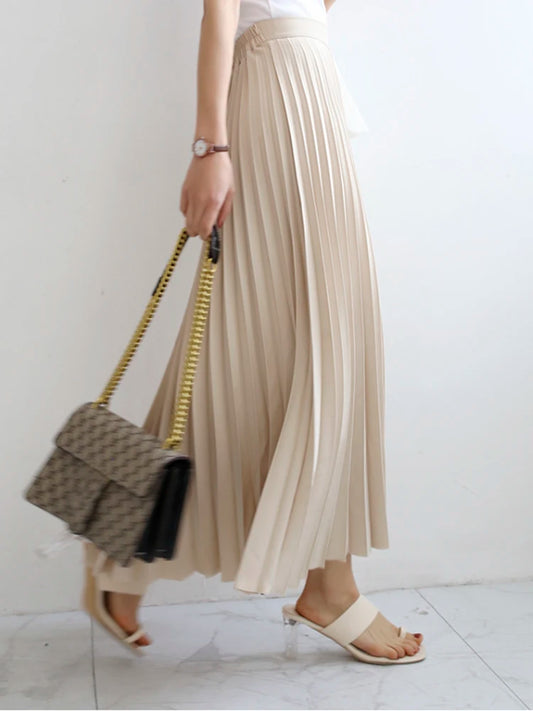 Brand Designer Women Spring Autumn Elegant Chic Solid Pleated Skirt High Waist Luxury Fashion With Elastic Female C-035.