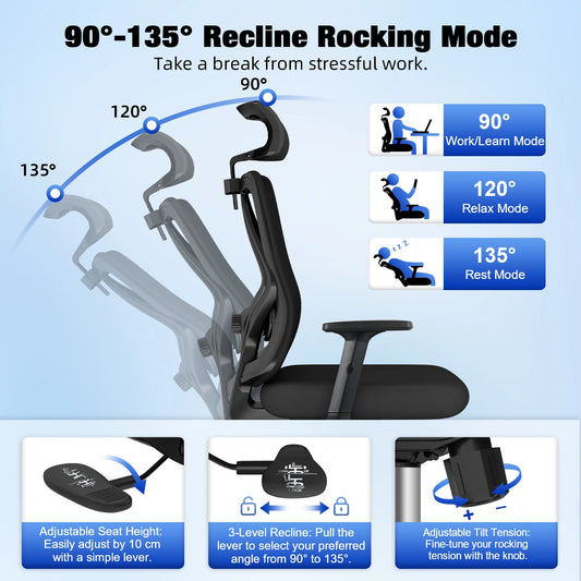 AUTHMIC Ergonomischer Bürostuhl, 3D-Lendenwirbelstütze, verstellbare Kopfstütze und Armlehnen, verstellbarer Schreibtischstuhl, 155 kg Tragkraft