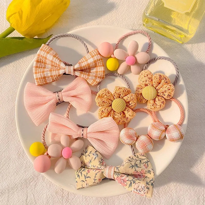 Kawaii Flower Bow Scrunchies Set Children Gift Girls Elastic Hair Rubber Bands Accessories Tie Hair Ring Rope Headdress Headwear