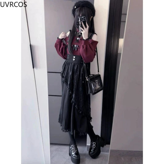 2025 Y2k Aesthetic Harajuku Style Lolita Long Skirt Women Gothic Lace Black Slim Skirts Japanese Jk Pleated Skirt Saia Feminina.