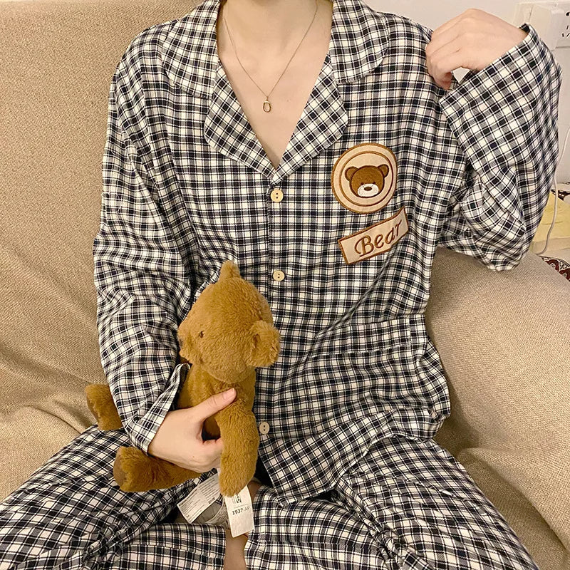 Spring and Autumn New Couples Pajamas Homewear Suit Female Is Christmas Plaid Thin Section Long-Sleeved Simple Leisure Homewear