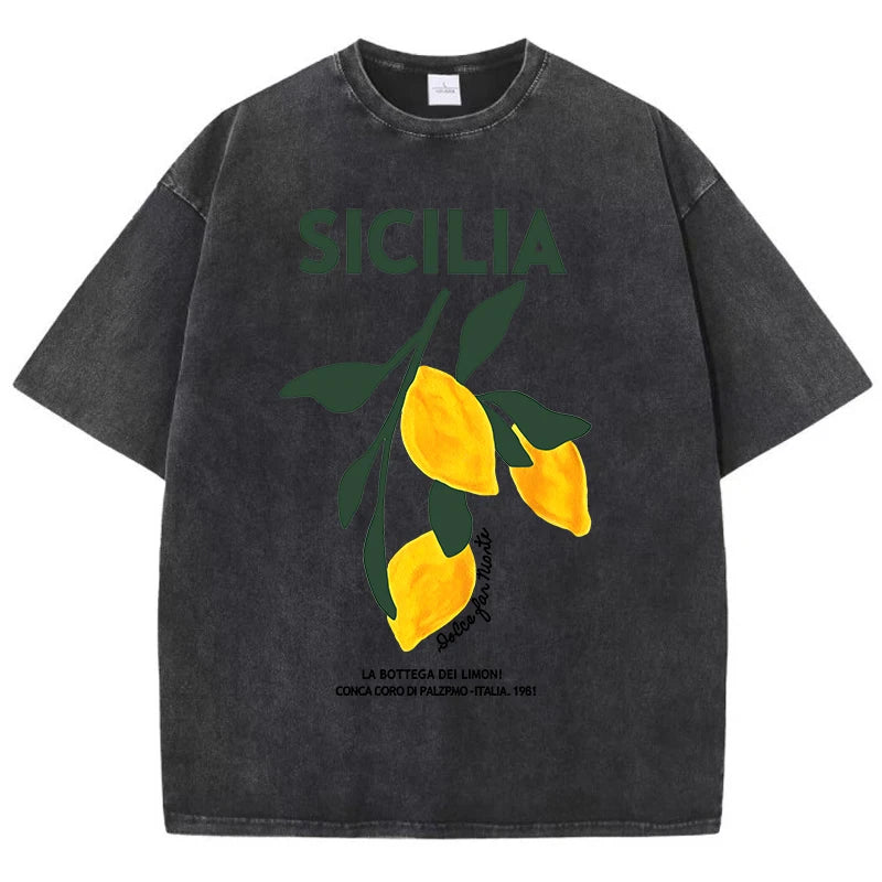 Amalfi Coast Italia Lemon Fruit Design Women Washed T-Shirts Y2K Casual T Shirt Summer Hip Hop Top Cotton Loose Short Sleeve