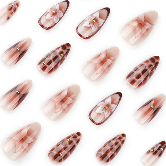 24pcs Retro Almond Press On Nails Brown Marble Cracks Ice Flower Printed False Nails European Wearable French Style Fake Nail.