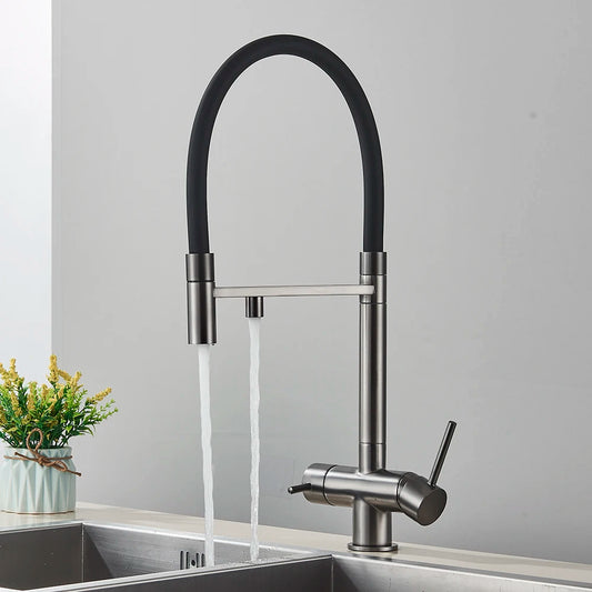 Gray Filtered Kitchen Faucet Dual Spout Hot Cold Mixer Purification Water Crane Filter Water Faucet Deck Mount