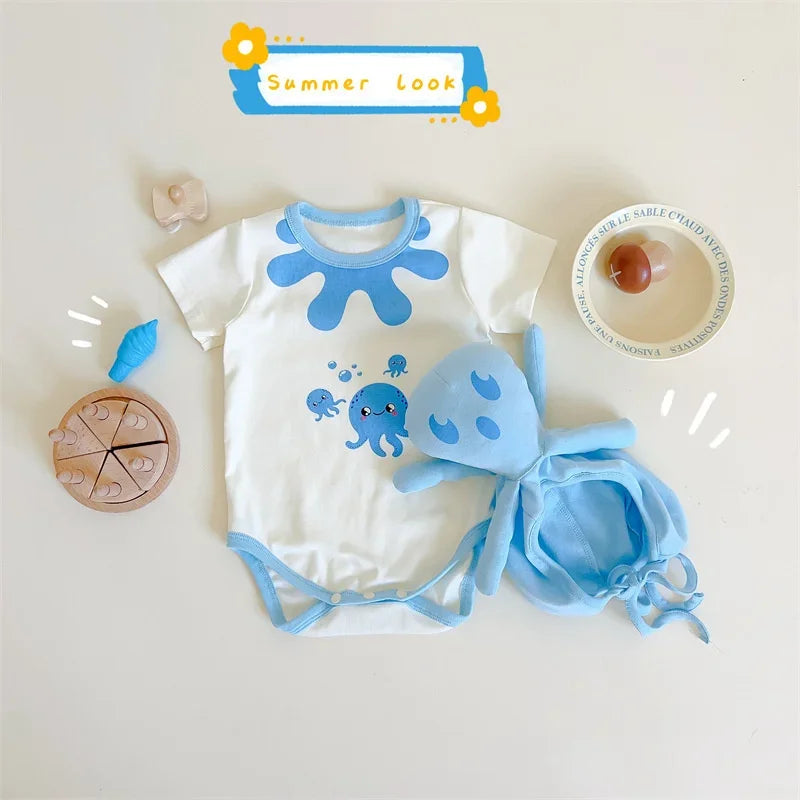 Lustige Oktopus Sommer Baby kleidung koreanische neue Jungen Mädchen einteiligen Stram pler schönen Bodysuit Säugling Baumwolle kurzen Overall