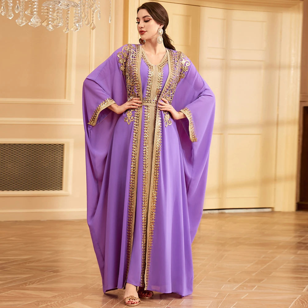 Ramadan Sequins Dubai Abayas Arab Tunics Batwing Sleeve Dresses For Women Gala Two pieces Moroccan Elegant Kebaya