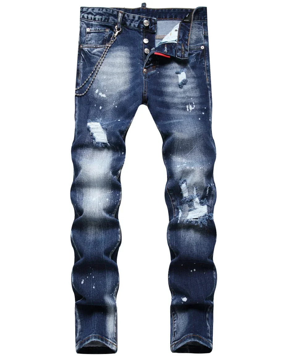 2025 Men's Ripped Jeans Luxury Brand Light Blue Holes Long Trousers Quality Male Fashion Stretch Slim Pants Men Skinny Jeans
