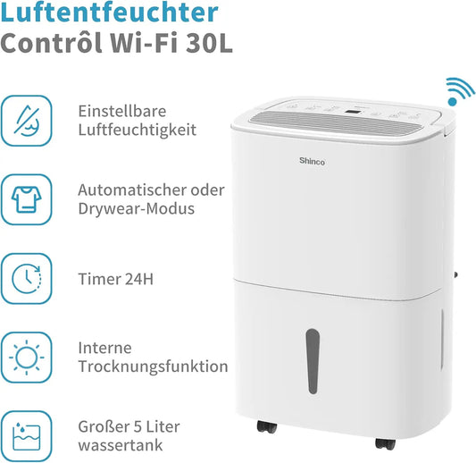 SHINCO 30L Electric Dehumidifier for 105 m³ (35 m²), WiFi, Energy Saving, Automatic Restart, Laundry Drying, 24H Timer.