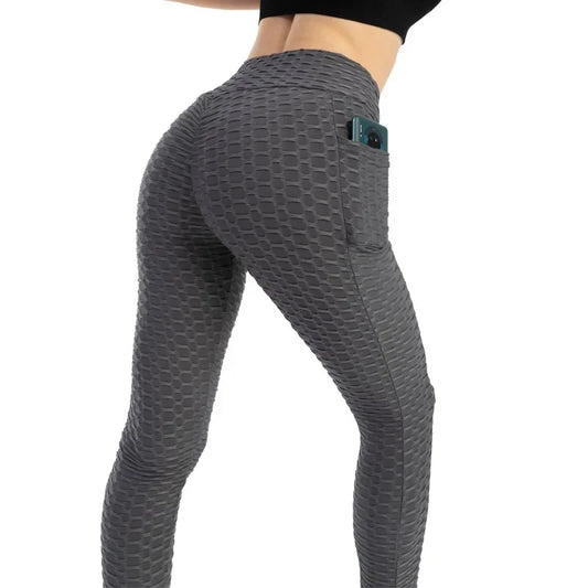 Women Fashion Pocket Bubble Pants Stretchy Slim Leggings Gym Running Cycling Fitness Pants High Waist Hip Lift Leggings Female.