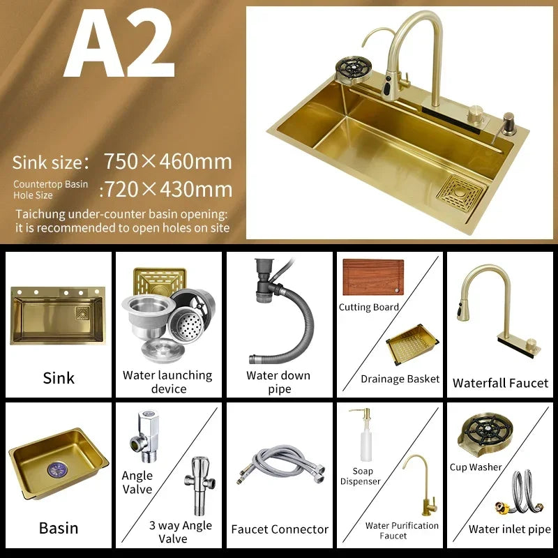 Waterfall Kitchen Sink Gold 304 Stainless Steel Modern Multifuctional Large Sink Above Counter Apron Front Installation