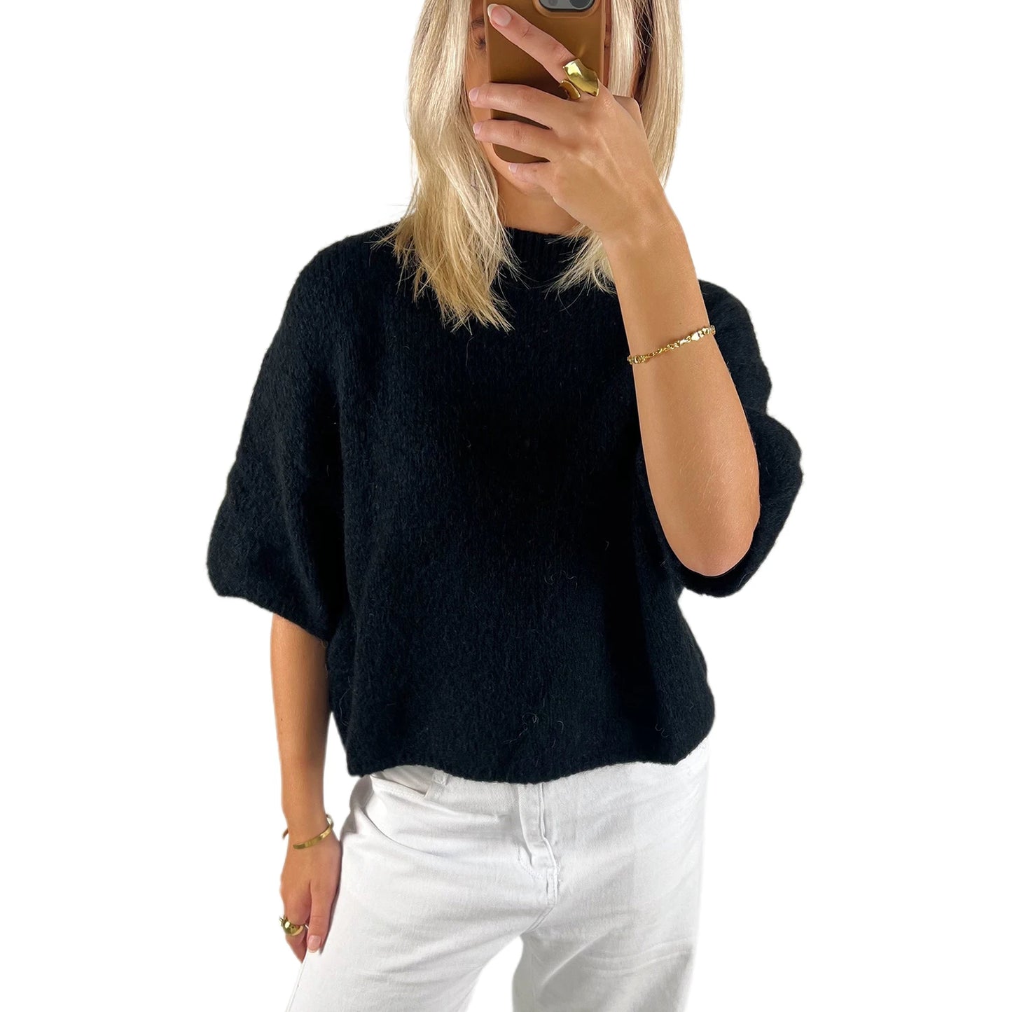 Damen Frühling Herbst Strickpullover Halbarm O Hals Einfarbig Lässige Strickwaren