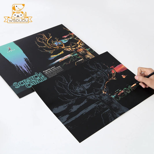 2 Sheets Animal Scratch Art Paper Set with Stylus DIY Rainbow Craft Lion Unicorn Cat Dog Painting Toy Creative Kids Adults Gift.