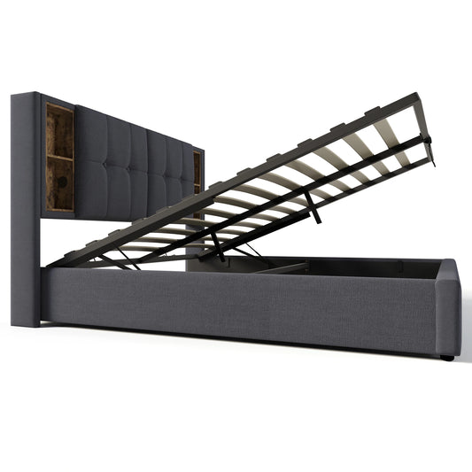 KOMHTOM Doppelbett Polsterbett Grau Baumwolle - Kabelloses Laden USB C, Bettgestell mit Stauraum, Holz-Lattenrost, ohne Matratze