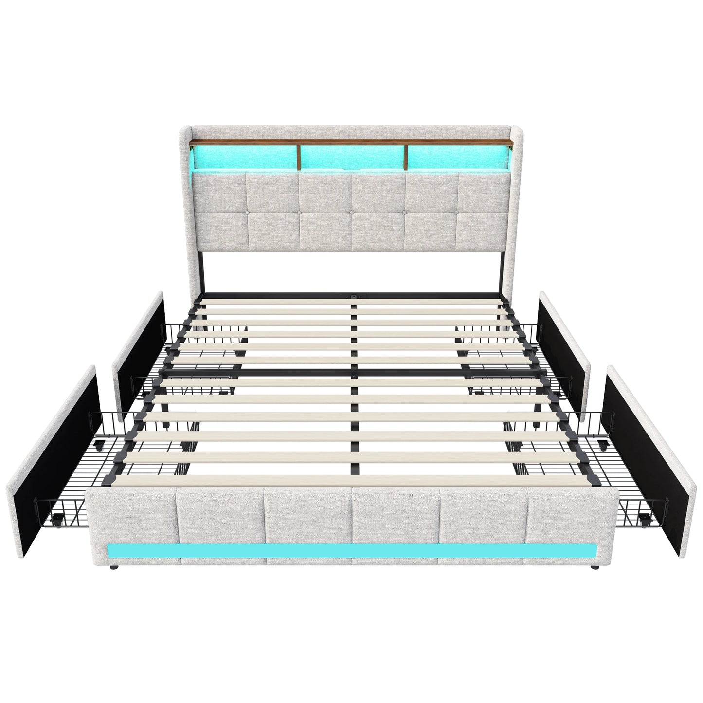 Lazyspace Bettgestell aus Leinen mit Stauraum, gepolstertes Bett mit 4 Schubladen, LED-Licht und USB-Aufladung vom Typ C, Schlafzimmermöbel