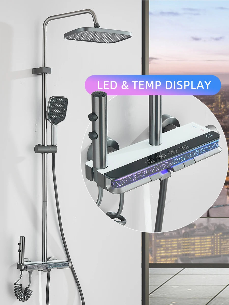 Intelligent Digital Display Luxury Shower Set Bathroom Wall Mounted Piano Key 4 Ways Water Outlet Rainlfall Shower Faucet System