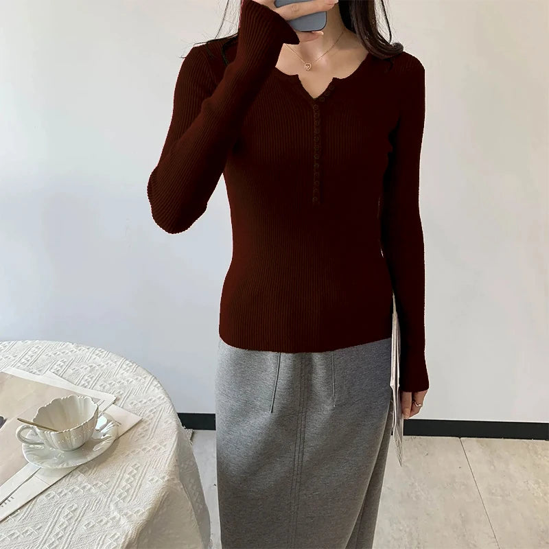 2026 frühling Herbst Grundlegende Pullover Gestrickte Frauen Pullover Taste Oansatz Pullover Weibliche Pullover Schlank Solide Bold Streifen Tops