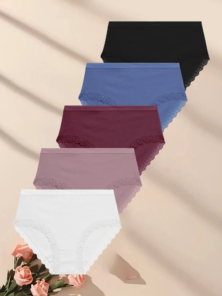 FINETOO 5Pcs Women Cotton Lace Underwear Sexy Seamless Breathable Panties Plus Size Mid-Waist Briefs Female Solid Soft Lingerie