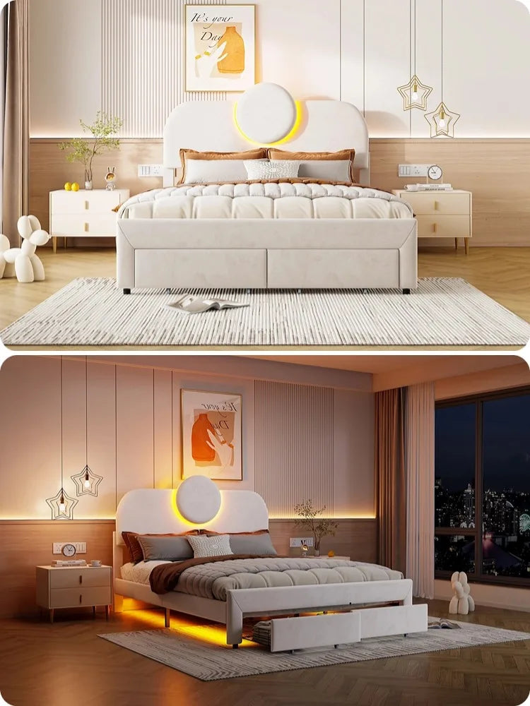 Creahappy Doppelbettgestell – 140 x 200 cm, gepolstertes Bett – Schubladenbett mit 2 Schubladen – ausgestattet mit LED-Leuchten – Beige