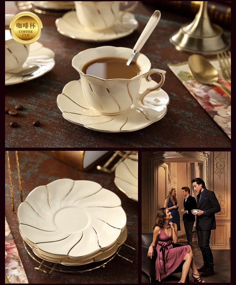 Exquisite Europe Noble Bone China Coffee Cup Saucer And Spoon Set with Gold Ceramic Cappuccino Afternoon Tea Cup.
