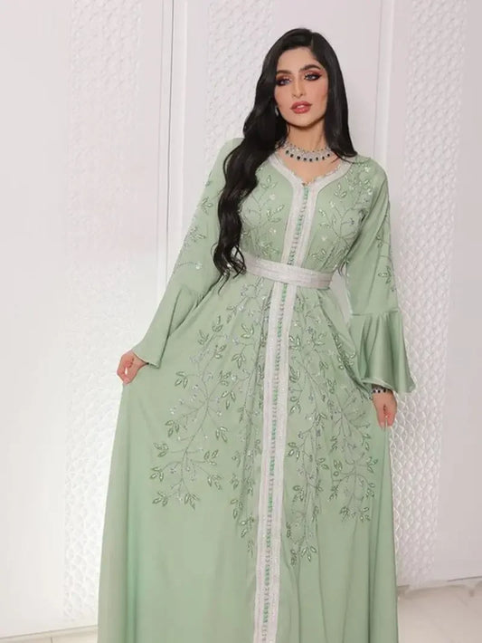 Indien Türkei Muslimischen Abaya Kleider Frauen Elegante Diamant Hochzeit Abend Party Kleid Spitze Gürtel Abaya Marokko Kaftan Robe.