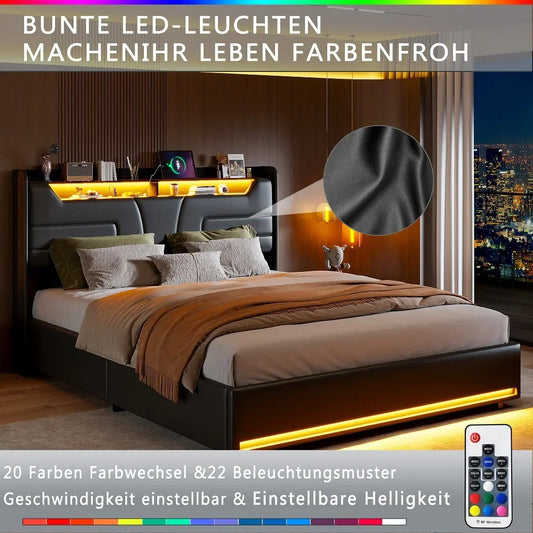 Lazyspace Modernes schwarzes PU-Polsterbett, Doppelbettrahmen, hydraulisches Bett mit Stauraum, LED-Beleuchtung und integrierter Steckdose
