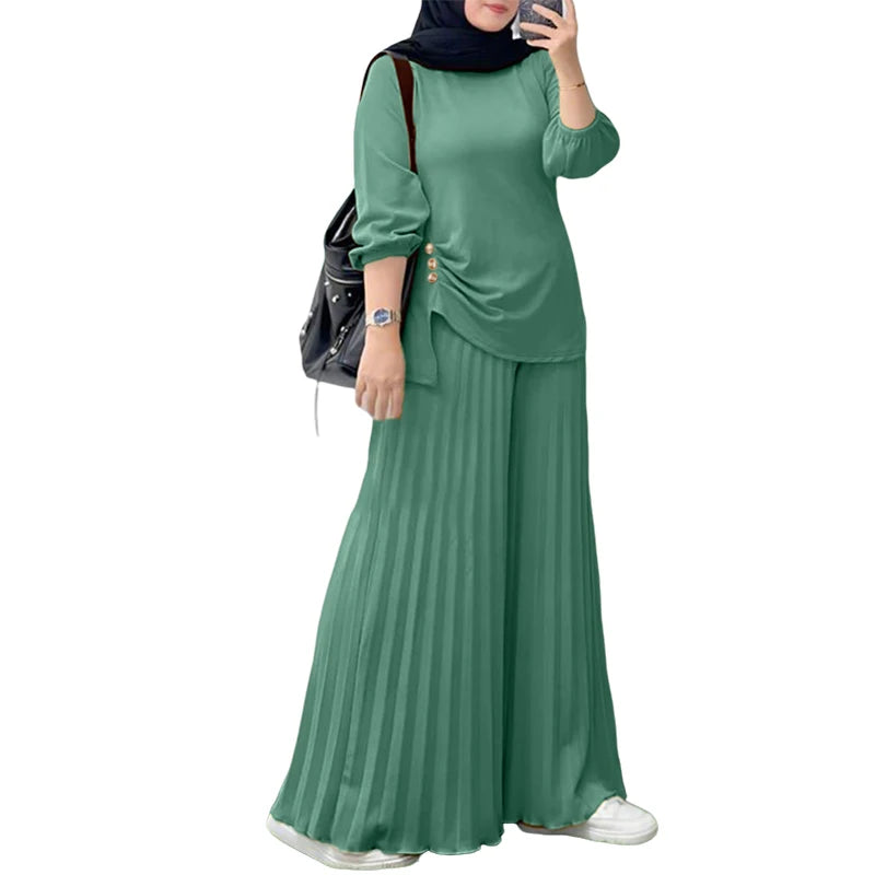 ZANZEA Muslim Women 2 Pieces Pant Sets Hijabis Casual Asymmetric Hem Long Sleeve Blouses & Pleated Pants 2pcs Suits Outfits