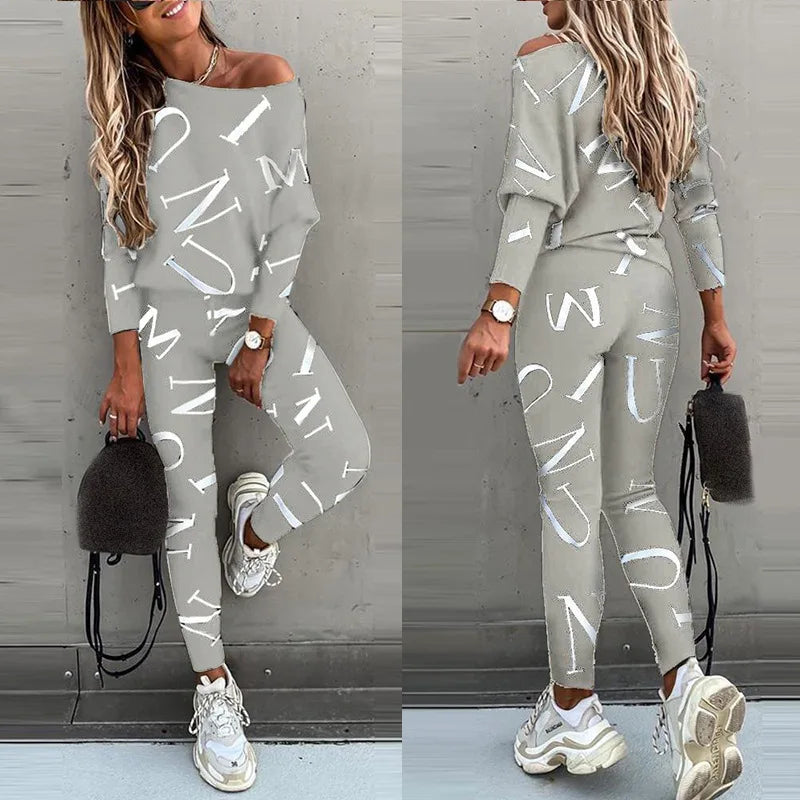 Autumn New Women's Fashion Letter Print Sexy Off Shoulder Long Sleeved Leggings Long Pants Casual Comfortable Two-piece Set.