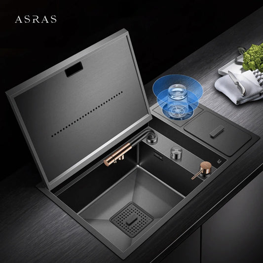 ASRAS Nanometer Hidden Flip Cover kitchen Island Sink 4mm Thickness Handmade Cup Rinser And Trash Can Kitchen Sinks