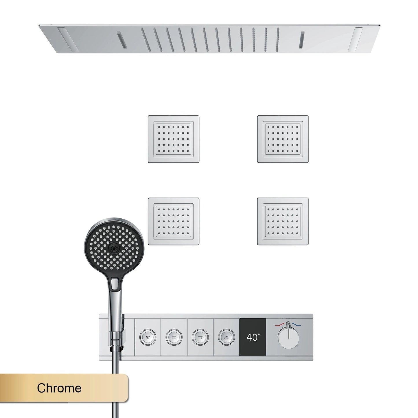 Deckenmontiertes thermostatisches LED-Digitalanzeige-Duschsystem. Eingebetteter Badmischer aus Messing im Wasserfallstil für heißes und kaltes Wasser