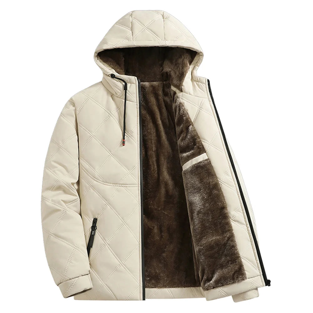Winter Windproof Thermal Diamond-Pattern Fleece-Lined Thickened Cotton Coat Business Casual Hooded Jacket Fashionable Menswear