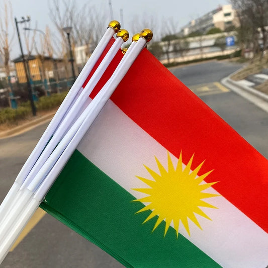 xvggdg 100pcs 14 * 21cm plastic Stick Kurdish hand flag waving National Kurdistan banner.