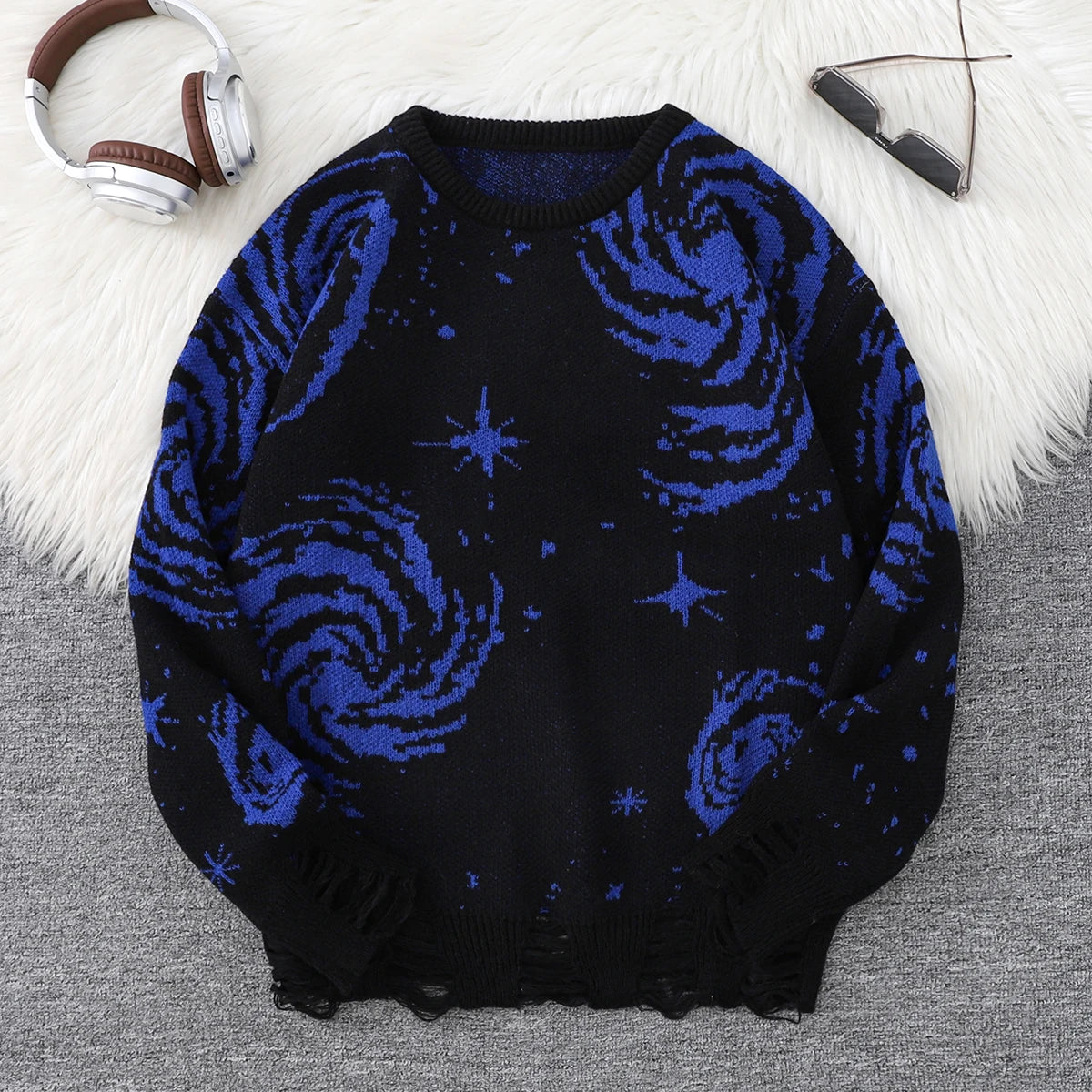 New Popular Street Ripped Abstract Starry Sky Pattern Pullover Ripped Sweater Casual Round Neck Knitted Men's Pullover