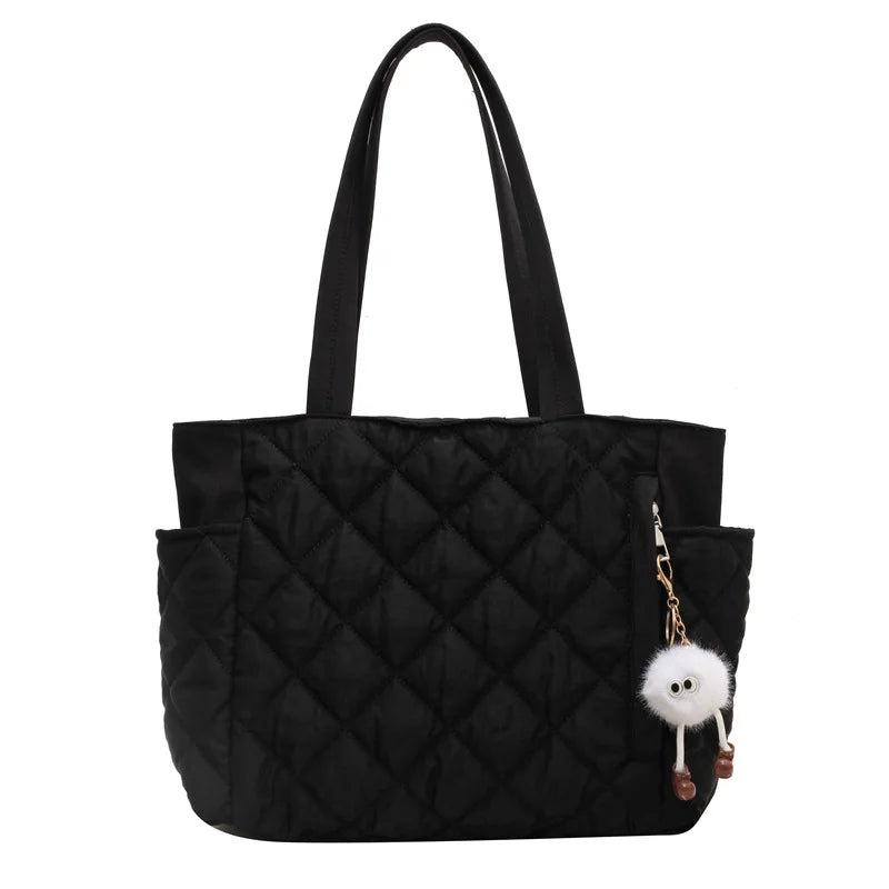 Black Large Capacity Handbag with Square Pattern, Durable Quilted Material, Multiple Pockets for Easy Storage & Cute Plush Charm.
