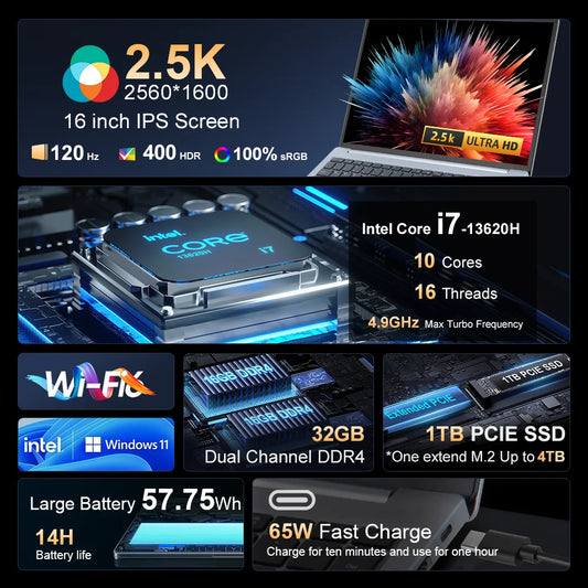 Laptop 16-inch 13th Gen Intel i7-13620H 32GB DDR4+1TB SSD 2.5K IPS 120Hz Face Unlock Notebook WiFi6 Gaming Computer.