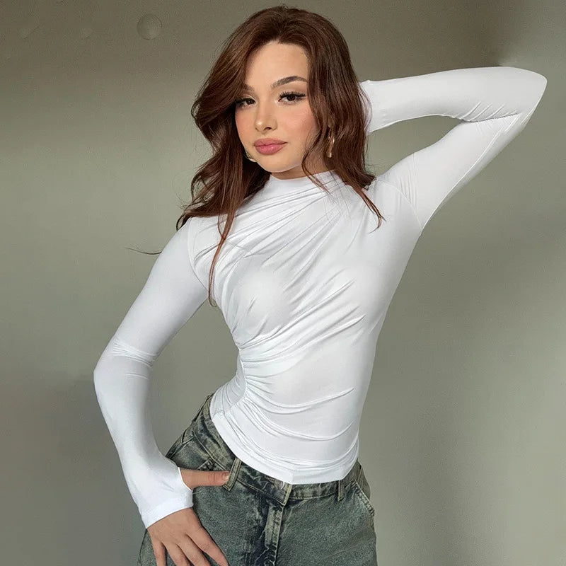 New fashion women's casual slim fit pleated high neck long sleeved solid color top t-shirt