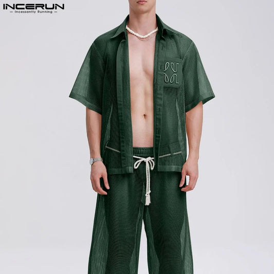 INCERUN Men Sets Mesh Patchwork See Through Sexy Short Sleeve Shirts & Pants Two Pieces Sets Streetwear 2025 Men's Casual Suits.