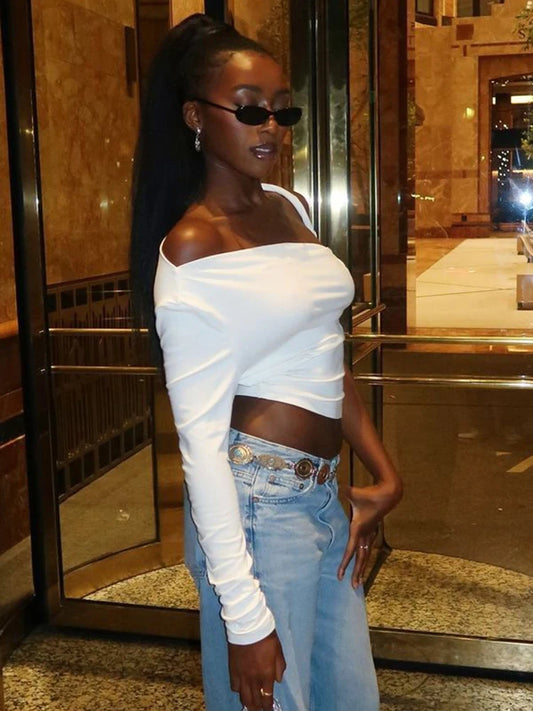 kliou Incline Shoulder Women T-shirts Classic New All-matched Single Sleeve Strap Skinny Crop Tees Mujer Chic Fashion Street Top.