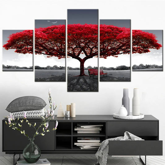 Nature 5 Pieces Canvas Art Wall Decor Painting Abstract Red Tree Sunset Picture Modular Home Decoration Poster Print Photo Frame.