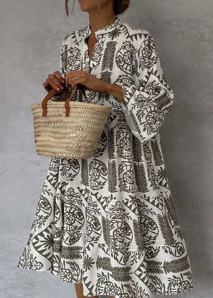 Neue Stil Casual Print Drei-viertel Hülse Hemd Kleid Für Frauen Sommer Mode V-ausschnitt Lose Urlaub Casual Kleider robe Femme.